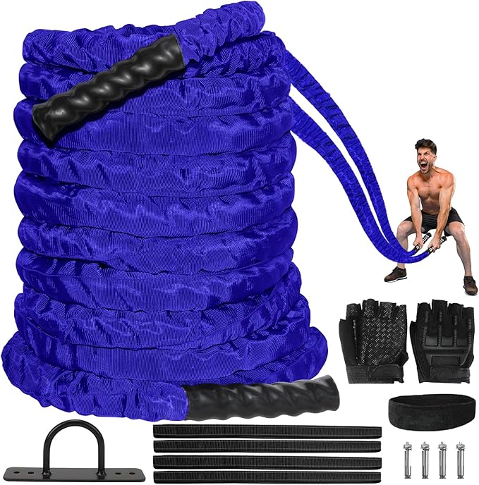Battle Ropes for Home Gym 1.5Inch Diameter 30FT Lengths Workout Heavy Battle Ropes for Exercise Training Weighted Ropes, Working Out Exercise Equipment with Protective Cove - Blue