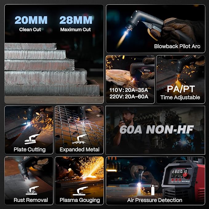 ARCCAPTAIN 60Amp [Non-HF] Plasma Cutter, Blow Back Pilot Arc Plasma Cutting Machine, 110V/220V, Upgraded Large LED Display, Plate Cutting, Expanded Metal, Rust Removal, Gouging, Air Pressure Detection