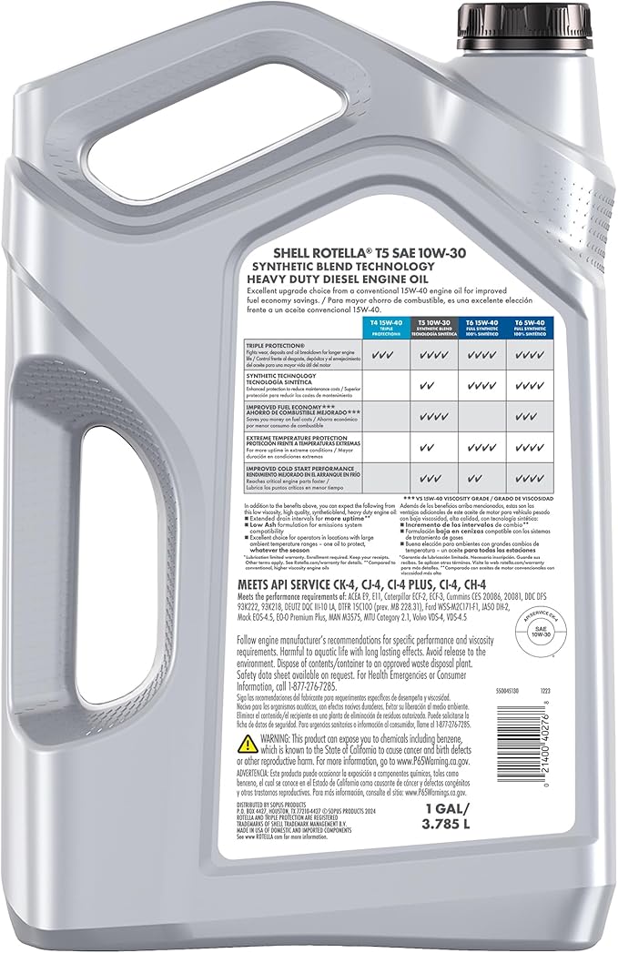 Shell Rotella T5 Synthetic Blend 10W-30 Motor Oil, 1 Gallon (3 Pack)