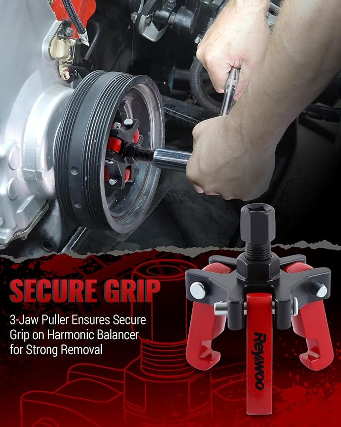 Harmonic Balancer Puller Kit, Adjustable 3-Jaw Puller for Removing Harmonic Damper Pulley Compatible with Chevy GM Chrysler Cadillac Ford, Forcing Screw Fits a 3/8" Square Drive