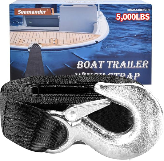 Seamander Boat Winch Strap 2" x 20' with Safety Hook 5000-pound Break Strength Used for Towing Vehicles, Boats and Jet Skis | Lifetime Replacement
