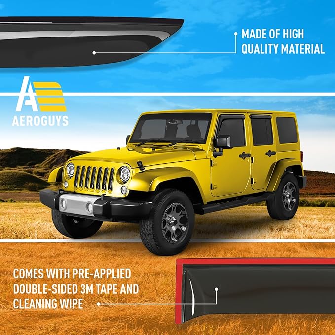 Extra Durable Window Deflectors Tape-On Window Visors Rain Guards Fit for Jeep Wrangler JK 2007-2018, Sun Visors, Wind Vent for Shades, Exterior Car Accessories - 4pcs. AG0083