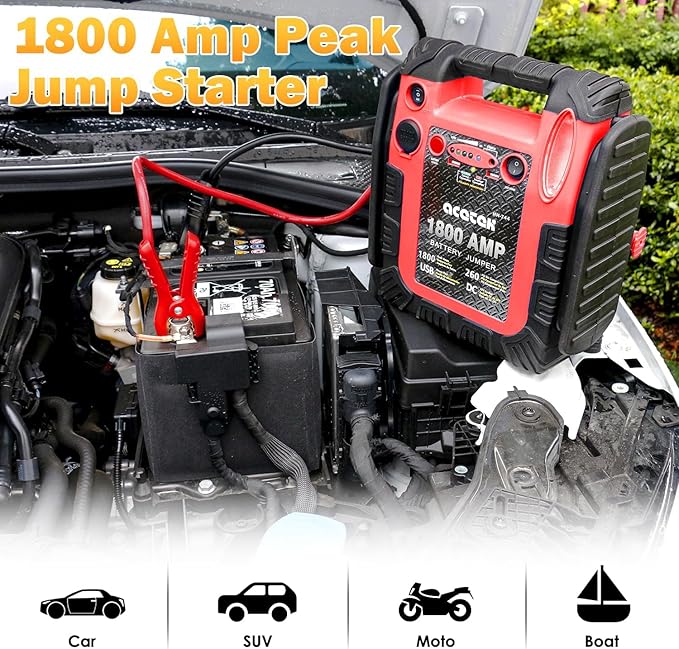 1800 Amp Jump Starter with Air Compressor, acetek Car Battery Jump Starter 260 PSI Tire Inflator, 20000mAh 12V Auto Lead-Acid Battery Booster (Up to 6L Gas or 6L Diesel Engine) with LED Light & USB