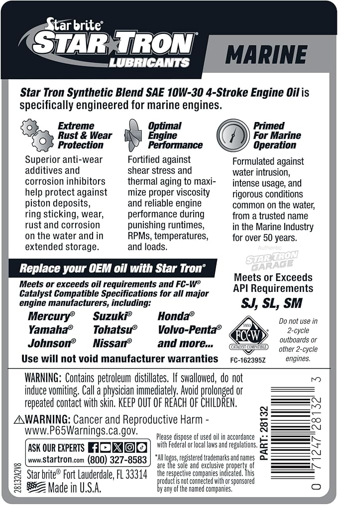 STAR BRITE Star Tron Premium 4 Stroke Marine Oil - 10W-30 - Synthetic Blend Engine Oil for Outboards, Gasoline Inboards & Stern Drives - NMMA FC-W Certified, 32 OZ (028132)