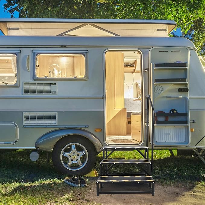 3 RV Step Stairs,Hot Tub Steps with Handrail,Portable Step Ladder for Travel Trailer,Camper,Porch,Pet Stair,Outdoor Stairs with Non-Skid Tapes