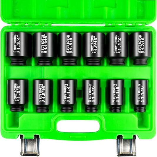 1/2"12-Piece Extended Drive Impact Socket Set, Deep SAE Spindle Axle Nut Impact Socket Set, Cr-Mo, 1-1/16, 1-1/8, 1-3/16, 1-1/4, 1-5/16, 1-3/8, 1-7/16, 1-1/2, 1-9/16, 1-5/8, 1-11/16, 1-3/4 Socket