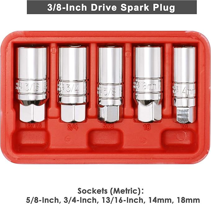 CASOMAN 3/8-Inch Drive Spark Plug Socket Set, 6-Point, 5/8-Inch, 3/4-Inch, 13/16-Inch, 14mm, 18mm, 5-Piece Set