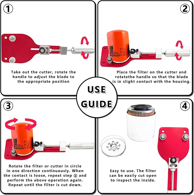 77750 Oil Filter Cutter 2-3/8" to 5" Oil Filter Cutting Tool Oil Filter Opener to Inspect What The Filter Catches Universal Adjustable Metal Can Cutting Tool with a Spare Blade, Aluminum, Red