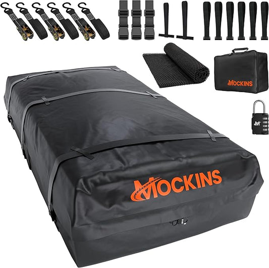 Mockins 72"x48"x20" XXL Car Rooftop Cargo Carrier Bag | 40 CuFt Car Topper Luggage Carrier Waterproof Bag | Soft-Shell Vinyl Roof Cargo Bag for Top of Car, Truck, SUV, Van & RV with Accessories