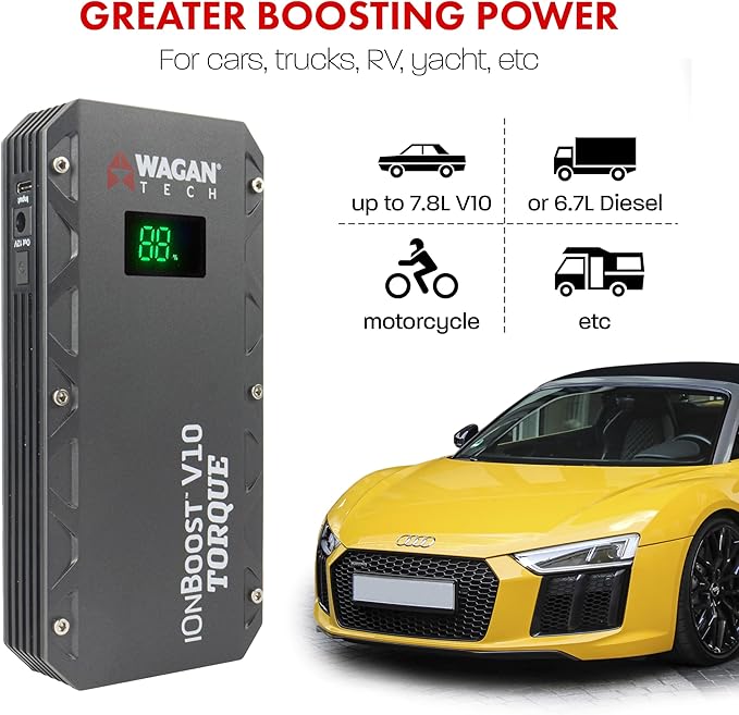 Wagan EL7507 Jump Starter iOnBoost V10 Torque 1000Amp Peak 12V Portable Lithium Car Battery Up to 7.8L V10 or 6.7L Diesel, 12V Jump Pack with Built-in LED Bright Light, UL Certified
