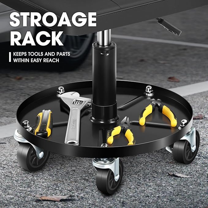 DNA Motoring Rolling Padded Seat Adjustable Height Seat 330lbs Capacity Rolling Mechanic Creeper Stool, W/Tool Storage Drawer & Tray, Black, TOOLS-00601