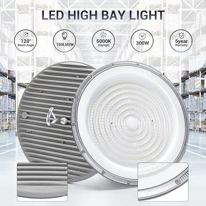 15 Pack 300W UFO Led High Bay Light,120VAC,5000K Daylight Commercial Bay Lighting,IP66 Waterproof,45050LM,1300W MH/HPS with Plug Area Light for Warehouse/Shop/Workshop/Barn/Gym/Factory