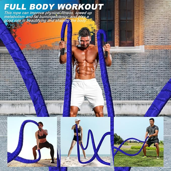 Battle Ropes for Home Gym 1.5Inch Diameter 30FT Lengths Workout Heavy Battle Ropes for Exercise Training Weighted Ropes, Working Out Exercise Equipment with Protective Cove - Blue