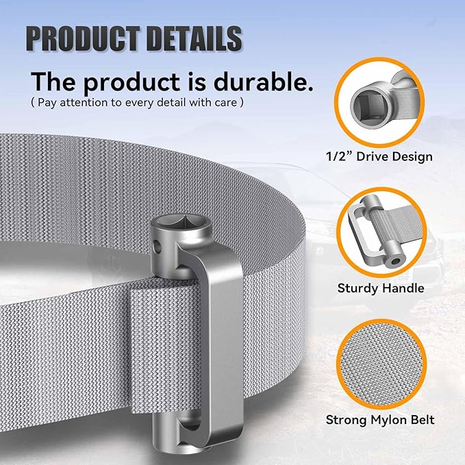 60200 Heavy Duty Strap Oil Filter Wrench, 1/2" Drive Web Strap Oil Filter Removal Tool, Fits Filters Up to 6.5" Diameter