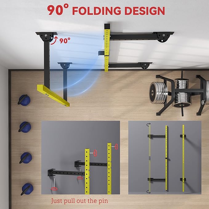 Soozier Folding Squat Rack with Adjustable Pull-Up Bar, 1000 Pounds Capacity Wall Mounted Power Rack, Adjustable Barbell Rack with J Hooks for Home Gym Full Body Workout