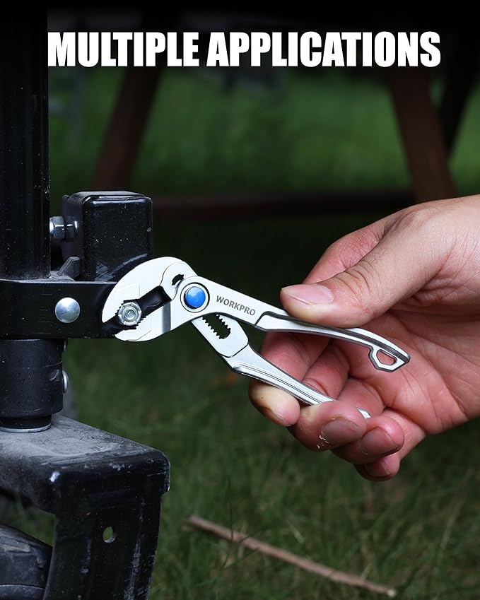 WORKPRO Mini Water Pump Pliers, 4-Inch Groove Joint Pliers, Fast Adjustable Tongue and Groove Pliers with 15-Position Push-Lock, V-Jaw for Multi-Surface Grip, Ideal for Tight Spaces and Versatile Use