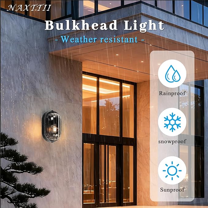 11 Inch Waterproof Bulkhead Light Fixture Outdoor Ceiling Light Black Sauna Light with UL Listed Aluminum Frame and Thickened Clear Glass Shade 2 Pack