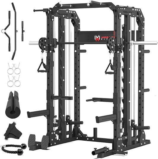 Smith Machine for Home Gym - 2000lbs Capacity All-in-One Power Rack with Cable Crossover, Pull-Up Bar & Dip Station, Includes 18 Attachments, P107 Anvil