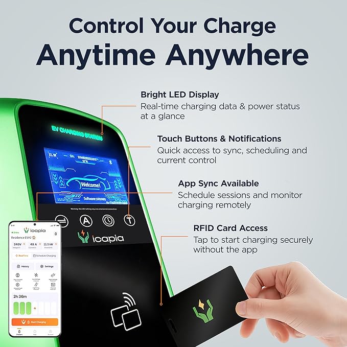 Level 2 EV Charger 48A 11.5kW (40A 9.6 kW Plug-in) - NEMA 14-50 UL Certified Plug with 25’ SAE J1772 Hardwire Cable - 240V Electric Vehicle Charging Station with WiFi Enabled APP & RFID Screen