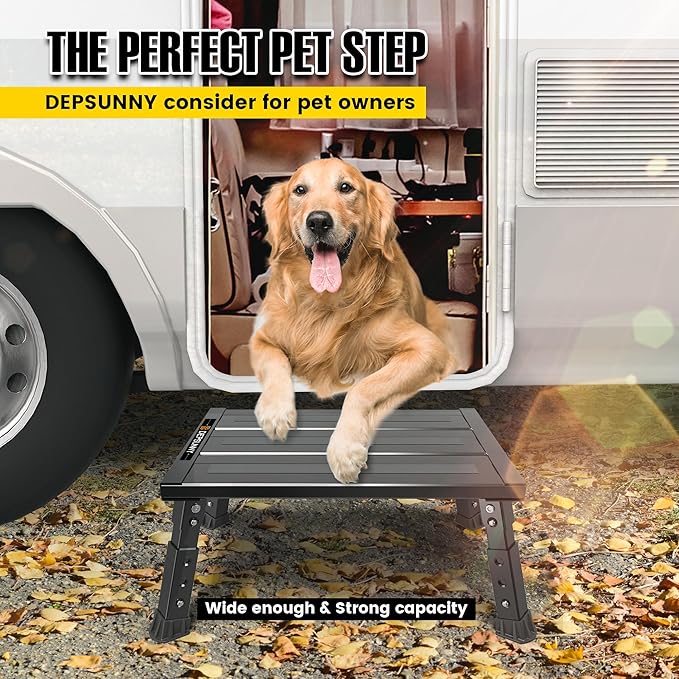 Adjustable RV Step Stool, 3-Step Height Adjustment, Foldable Legs, Wide Anti-Slip Surface,Supports Up to 1,000 lb, Premium Aluminum Construction Easy to Carry