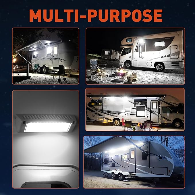 LED RV Exterior Porch Utility Light White Waterproof 10-30V DC Low Current 9" Lighting Fixture 54W 2000LM Aluminum Base led Scene Lighting for RV, Trailer, Camper(6000K Nature White)