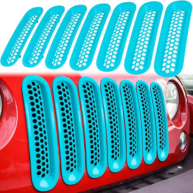 7PCS Front Grill Mesh Inserts for Jeep Wrangler JK JKU Unlimited 2007 2008 2009 2010 2011 2012 2013 2014 2015 2016 2017 2018 Grille Guard Cover Trim Clip-in Exterior Accessories (Matte Light Blue)