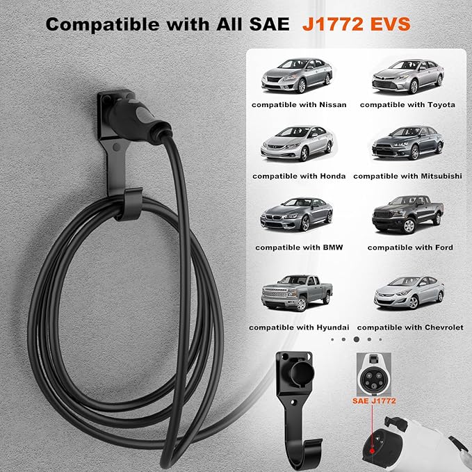 EV Charger Holder for SAE J1772 Charger, Wall-Mount Electric Vehicle Charger Holster with Hook for J1772 Connector, 3 pcs Screws, 3 pcs Wall Anchors, 3 pcs Dust Caps