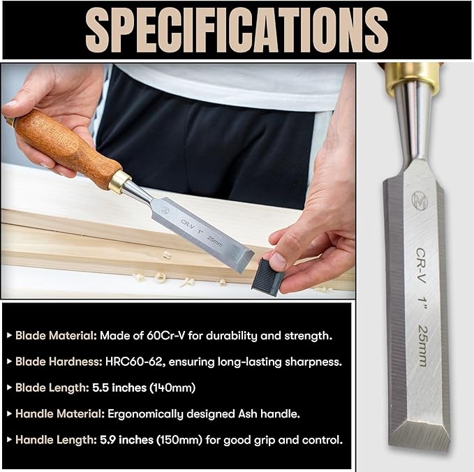 Mt Diablo Woodworking Tools 4 Piece Chisel Set - Premium CV60 Steel Wood Chisel Sets with Ergonomic Handles, Includes 1/4" 1/2" 3/4" 1" Widths - Ideal for Woodworkers - Durable Waxed Canvas Tool Roll