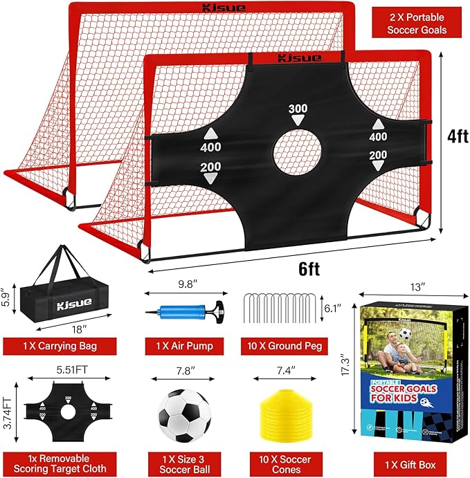 Kids Soccer Goals for Backyard Set, 2 of 6x4 ft Portable Pop Up Soccer Goal Training Equipment, Soccer Net with Target, Soccer Ball, Cones, Soccer Set for Kids Youth Toddler Sports Outdoor Games