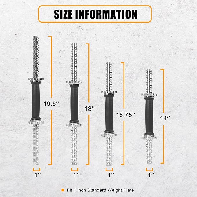 Threaded Dumbbell Rubber/Chrome Handles 1 Inch Pair, Adjustable Dumbbell Bar Handles, Fits Standard Weight Plates with 1” Diameter, for Gym Workouts, Exercise, Weightlifting, Sold in Pair