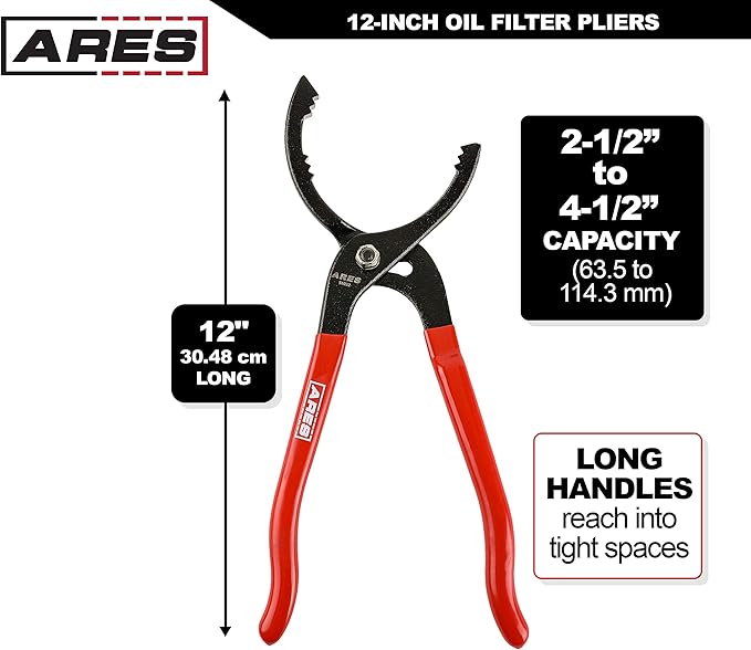 ARES 56032- Locking Jaw Oil Filter Pliers - 2 1/2-Inch to 4 1/2-Inch Jaw Opening - 12-Inch Adjustable Oil Filter Wrench Features Long Handles with Nonslip Grips and Locking Jaw Design