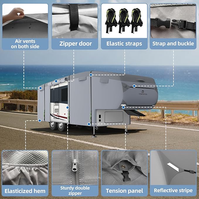 5th Wheel Cover Extra-Thick 7 Layers Top, Fits 28'-31' RV, Heavy Duty Anti-UV Waterproof Windproof 5th Wheel RV Cover, with 3 Pcs Extra Straps