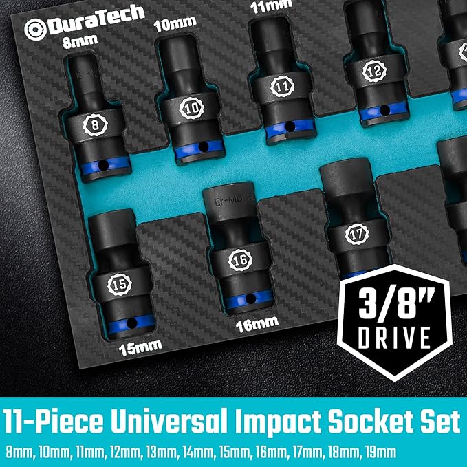 DURATECH 3/8" Drive Impact Universal Joint Socket Set, Swivel Socket Set, 11-Piece, Metric, 8-19mm, Cr-Mo Steel, Organized in EVA Foam Organizer