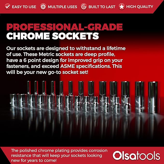 Olsa Tools Metric Deep Socket Set - 1/4-Inch Drive, 14pc - 6-Point Chrome Sockets from 4mm–15mm and No Skipped Sizes - Mechanic Deep Metric Socket Set - Professional Grade Long Sockets - Part: 1327