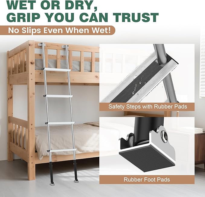 Pre-Assembled RV Bunk Ladder,3 Height Options (59.5"/60.5"/61.5"), Heavy Duty Bunk Bed Ladder with 4 Wider Anti-Slip Steps & Flexible Hooks,for 57.5"-59.4" Bed,Fits RV,Camper,Dorms & Kids Rooms
