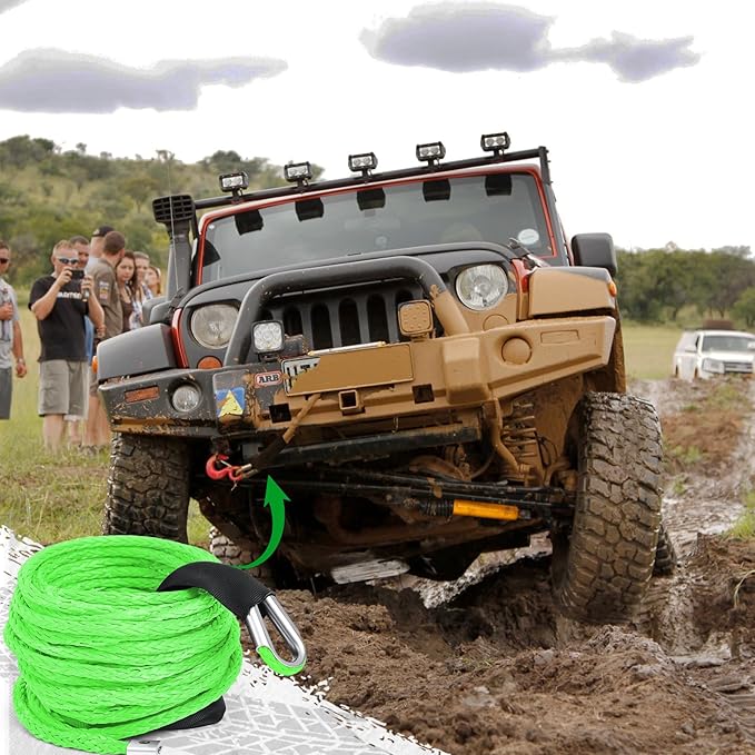 Green Synthetic Winch Rope 3/8'' x 50ft 26, 500 Lbs Synthetic Winch Line Cable Rope with Protective Sleeve for Off Road Vehicle 4WD SUV Truck ATV UTV SUV