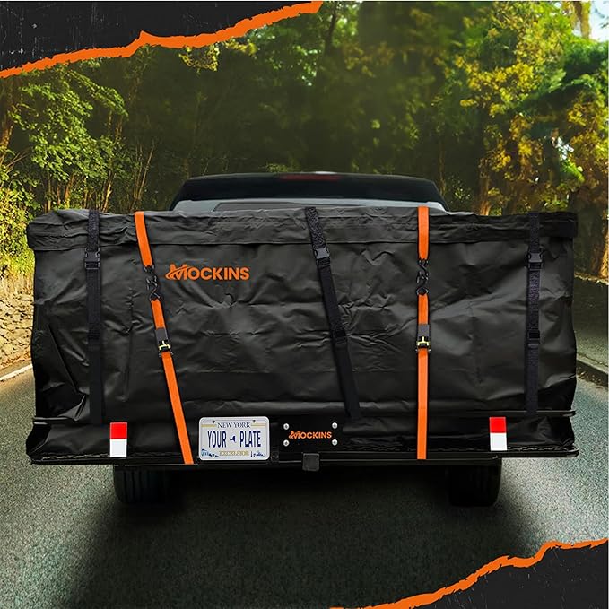 Mockins XXL 70"x30"x6" Folding Trailer Hitch Cargo Carrier w/License Plate Bracket | 500 Lbs Cap Steel Luggage Rack for SUV Car & Truck w/ 40 CuFt Waterproof Cargo Bag for Hitch Carrier & Accessories