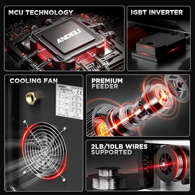 ANDELI 205A MIG Welder, [Large LED Display] 6-In-1 Multi Process Gas MIG/Flux Core MIG/Spool Gun MIG/Spot welding/Lift TIG/Stick Aluminum MIG Welding Machine，110/220V Dual Voltage Welder Machine