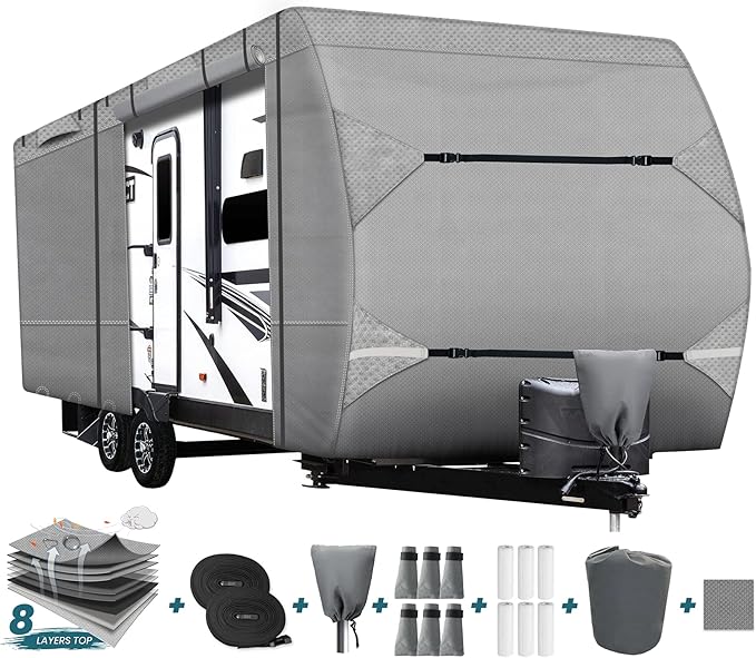 RV Cover 33‘-35’ Travel Trailers Upgraded 8 Layers Top Waterproof, Anti-Scratch, RV Winter Cover Universal Fit 34ft Camper Cover UV Protection with Tongue Jack Cover