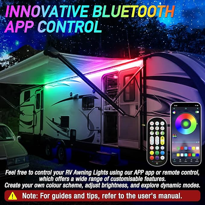 16.4FT RV Awning Lights, 12V Camper LED Light Strip with Remote and APP Control, Waterproof RV Exterior Strip Lights for Canopy Motorhome Travel Trailer Camping BBQ Kitchen (1PC-16.4FT New)