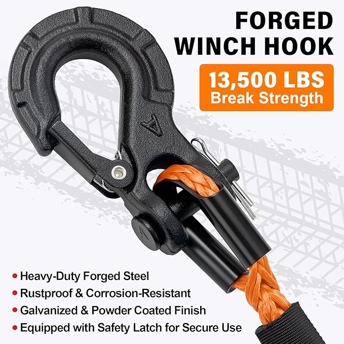 Synthetic Winch Rope Kit - 1/4" x 50' 10000 lbs Synthetic Winch Cable for ATV UTV Off-Road Vehicles with Forged Hook, Rubber Stopper, Protective Sleeve and Safety Pull Strap - Orange