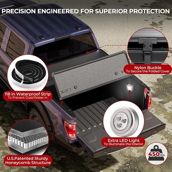 FRP Tonneau Cover Truck Bed for Ford F150 5.5 FT Bed (67.1") 2015-2025, Hard Tri Fold Heavy-Duty Locking Drill-Free Install Dustproof Waterproof Fiberglass Anti-Theft Security 5.5FT