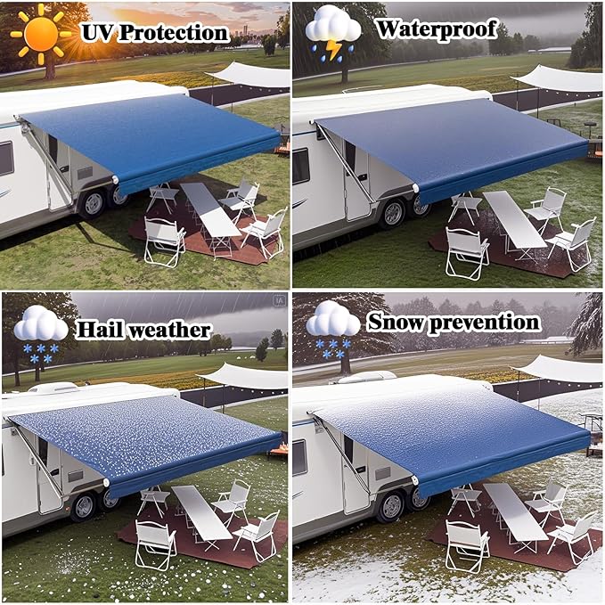 RV Awning Fabric Replacement,Camper Trailer Motorized Awning Replacement for Motorhome,Heavy Duty Weatherproof 18.5oz Outdoor Vinyl RV Canopy 14'(Fabric 13'2") Blue Fade