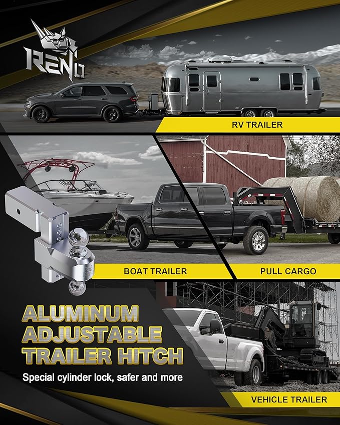 RENO Adjustable Trailer Hitch (Fits 3-Inch Receiver) - Heavy Duty Aluminum Tow Hitches with 6-Inch Drop/Rise for Truck (21,000 LBS GTW) - 2" and 2-5/16" Dual Ball Mounts
