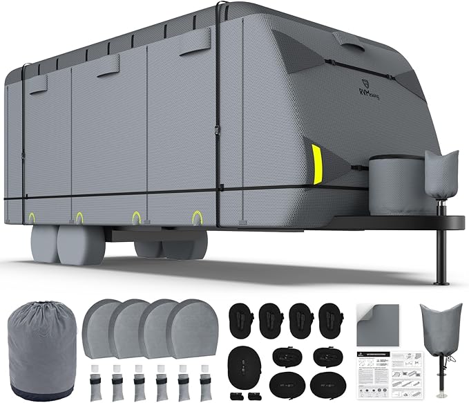 RVMasking Travel Trailer RV Cover 26-28ft, 7 Layers Extra-Thick Camper Cover Waterproof Windproof for Toy Hauler with 4 Tire Covers & Tongue Jack Cover, Durable Trailer Cover for RVs, Medium Gray