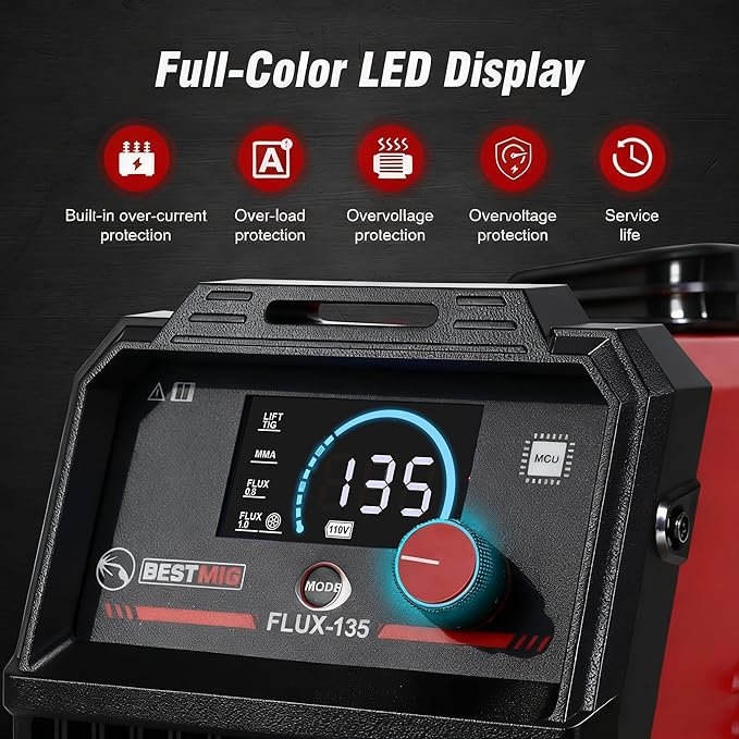 BESTMIG 135A MIG Welder - 3-in-1 Flux Core Welder, MIG/Lift TIG/Stick Welding Machine - Portable IGBT Inverter - 110V with Welder Helmet and Gloves (Red Black, MIG 135A Welder)