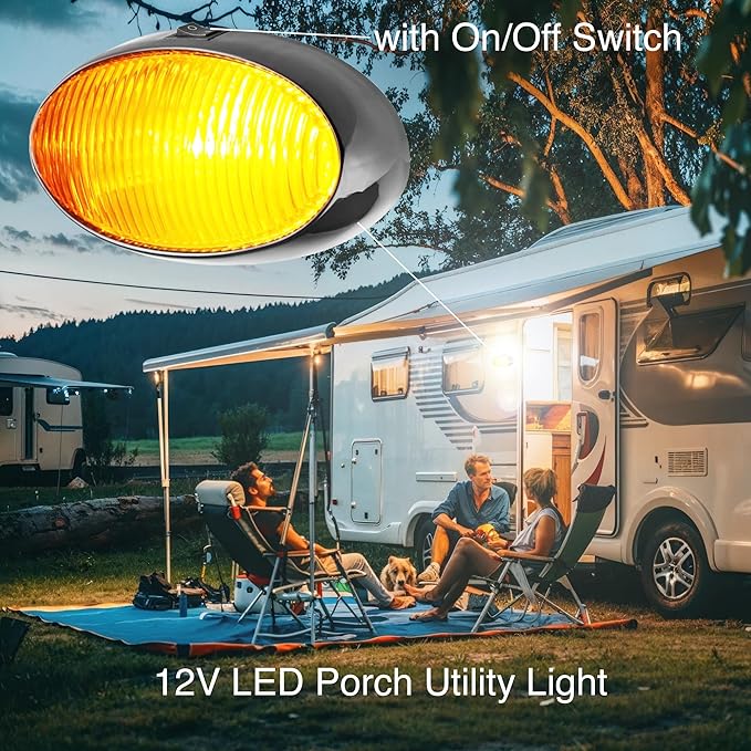 Lumitronics RV 12V LED Oval Porch Utility Light with On/Off Switch, Clear & Amber Lenses for Motorhomes, Campers, Trailers, 5th Wheels (Black)
