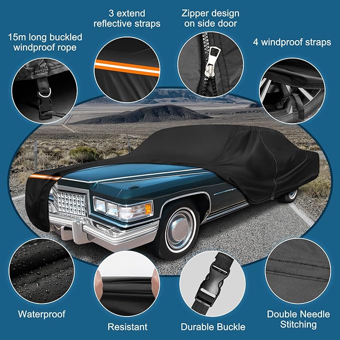 Car Cover for Cadillac Deville 1959-1984 Sedan de Ville 4 Door Car Covers All Weather Protection Waterproof Windproof Outdoor Full Car Cover with Door Zipper