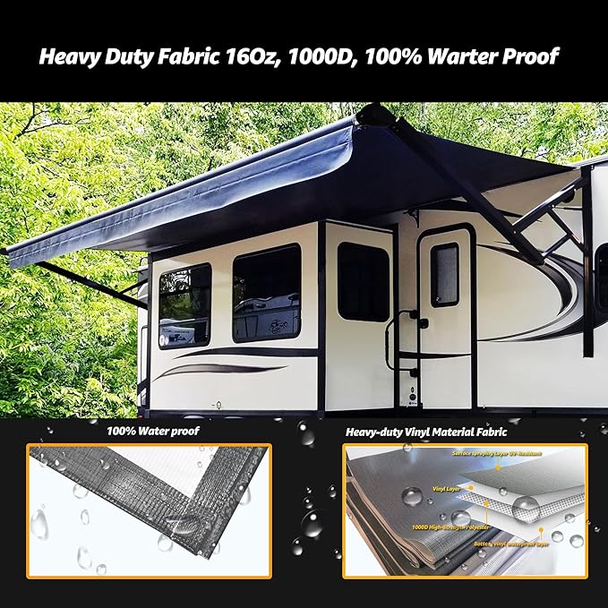 RV Electric Retractable Awning, Black Frame and Fabric Assemblies Full Set for RV, 5th Wheel,Travel Trailers,Motorhome Trailer Awning for Home or Camper - Solid Black, 18Feet(Fabric 17'2")