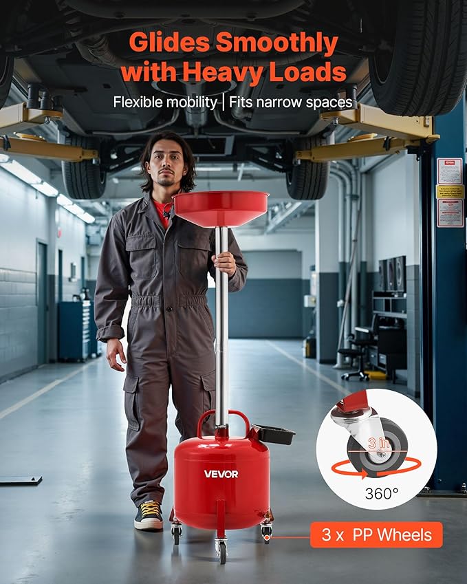 VEVOR 8 Gallon Waste Oil Drain Tank, Industrial Fluid Drain Tank with Adjustable Funnel Height, Portable Oil Drainer with Wheels & Toolbox, Fluid Fuel Transfer Drainage for Auto Repair Shops, Red